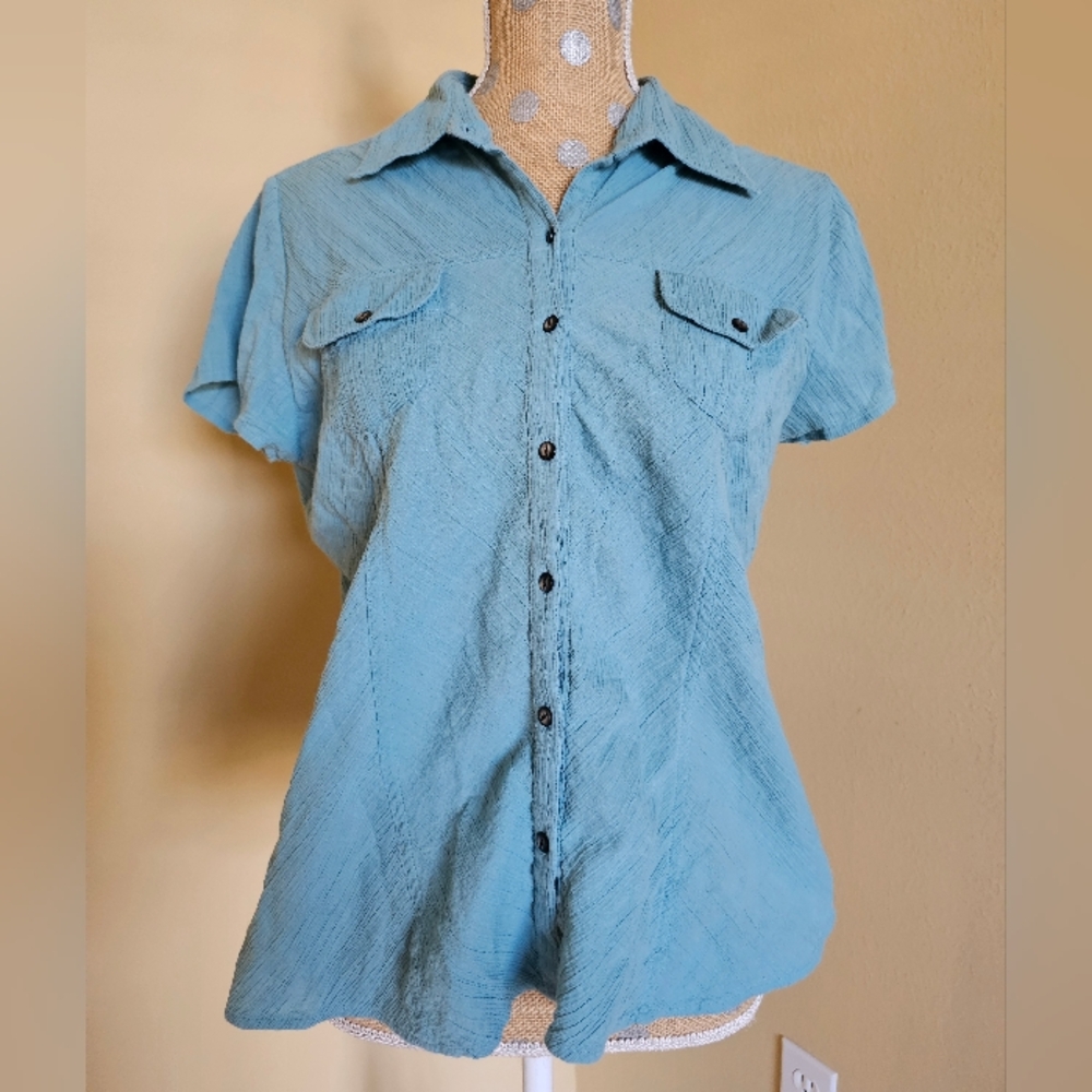 J Jill Relaxed Cotton Gauze Button Up | Teal | Size Medium Petite Short Sleeve - Picture 1 of 5